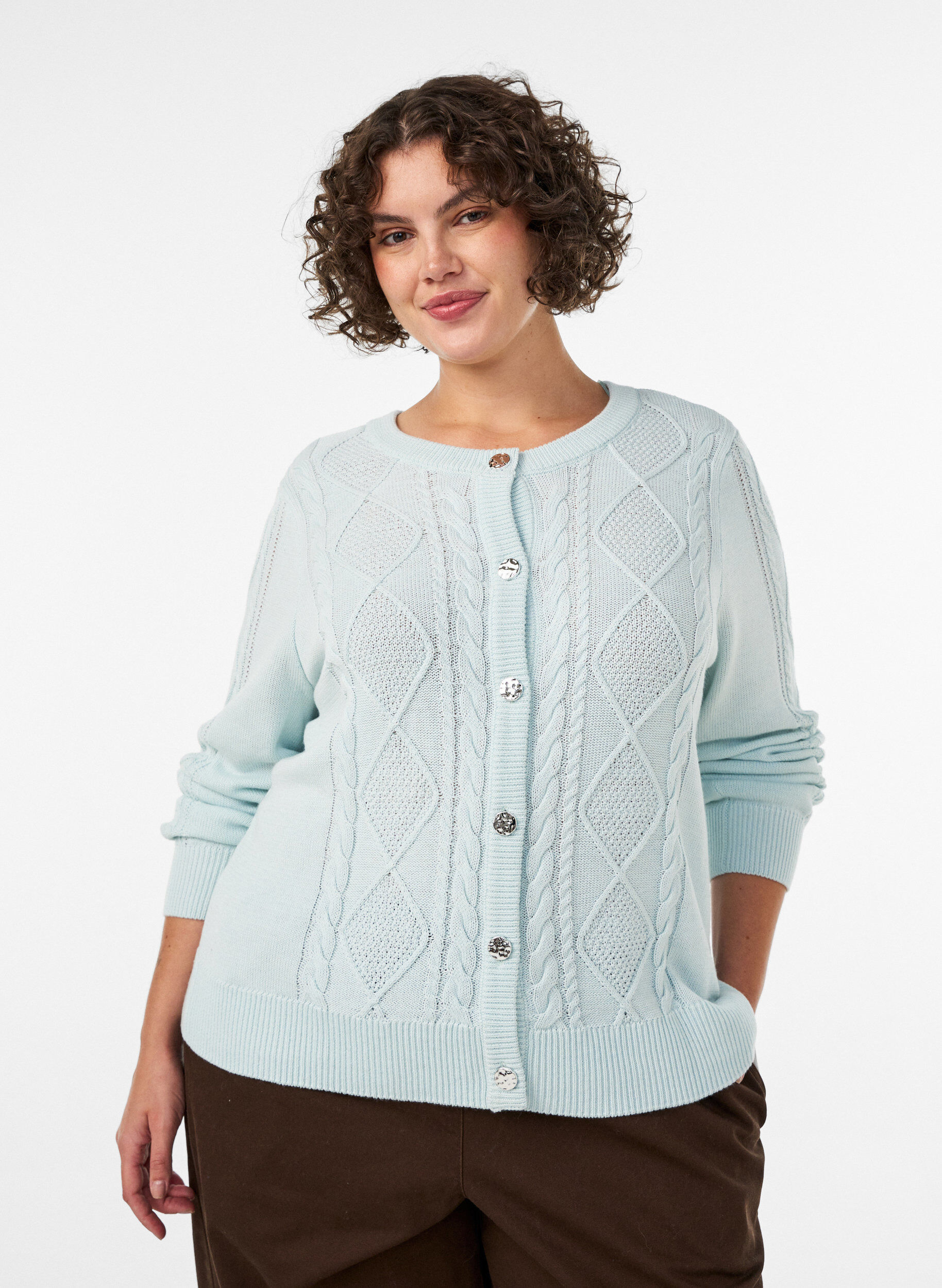 Cable-knit cardigan with decorative buttons, Light Blue, Model
