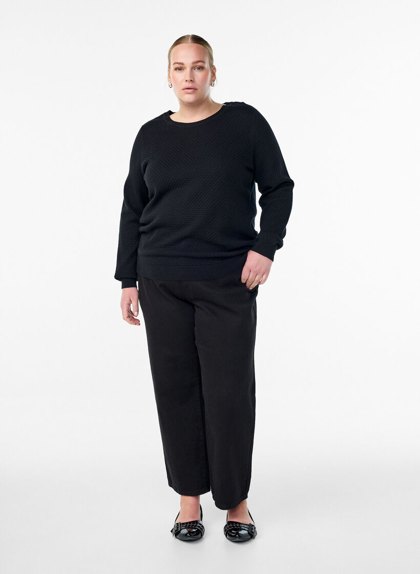 Knit blouse in cotton with textured pattern, Black, Model image number 1