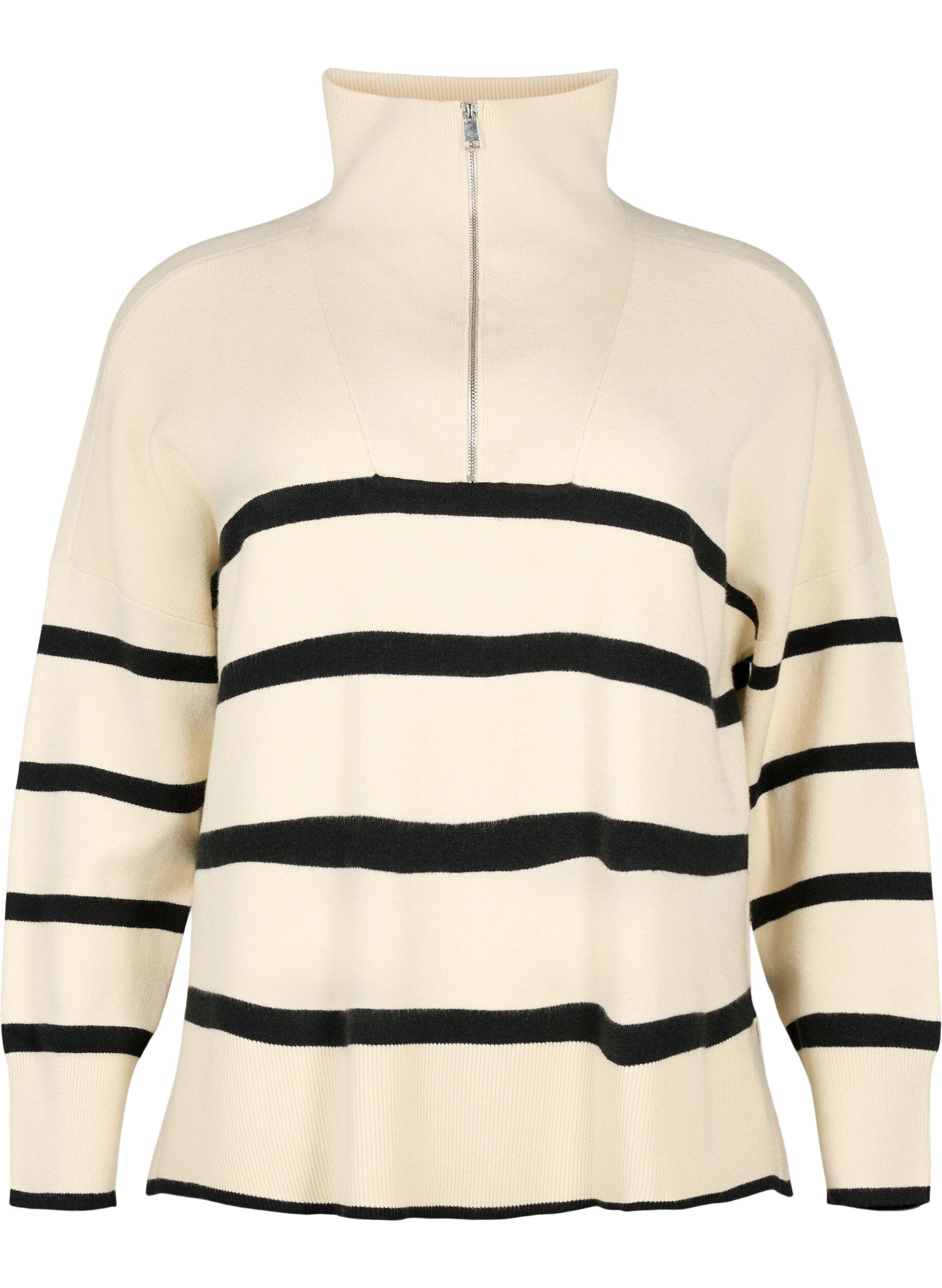 Zizzifashion Pullover with stripes and high collar	, Birch w. Black, Packshot image number 0