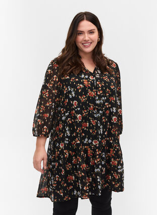Floral print tunic with 3/4 sleeves, Black Ditsy Flower, Model image number 0