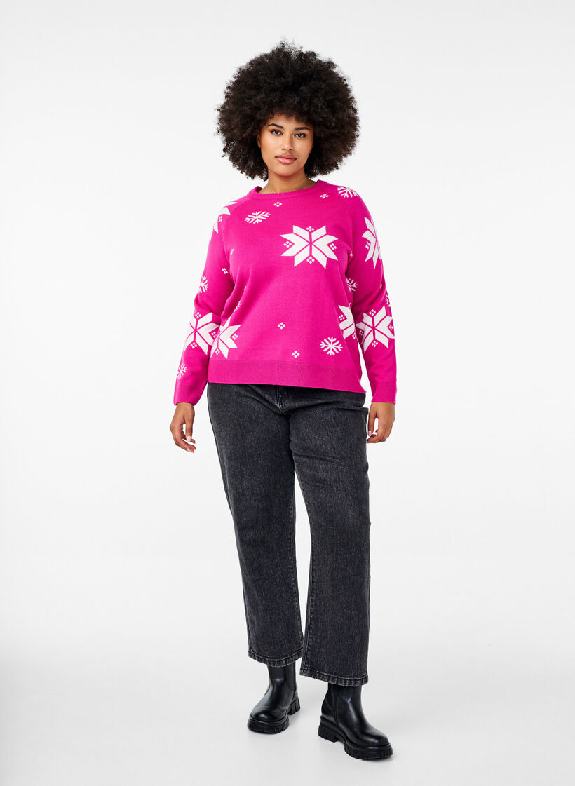 Knitted jumper with snowflakes, Pink, Model image number 1