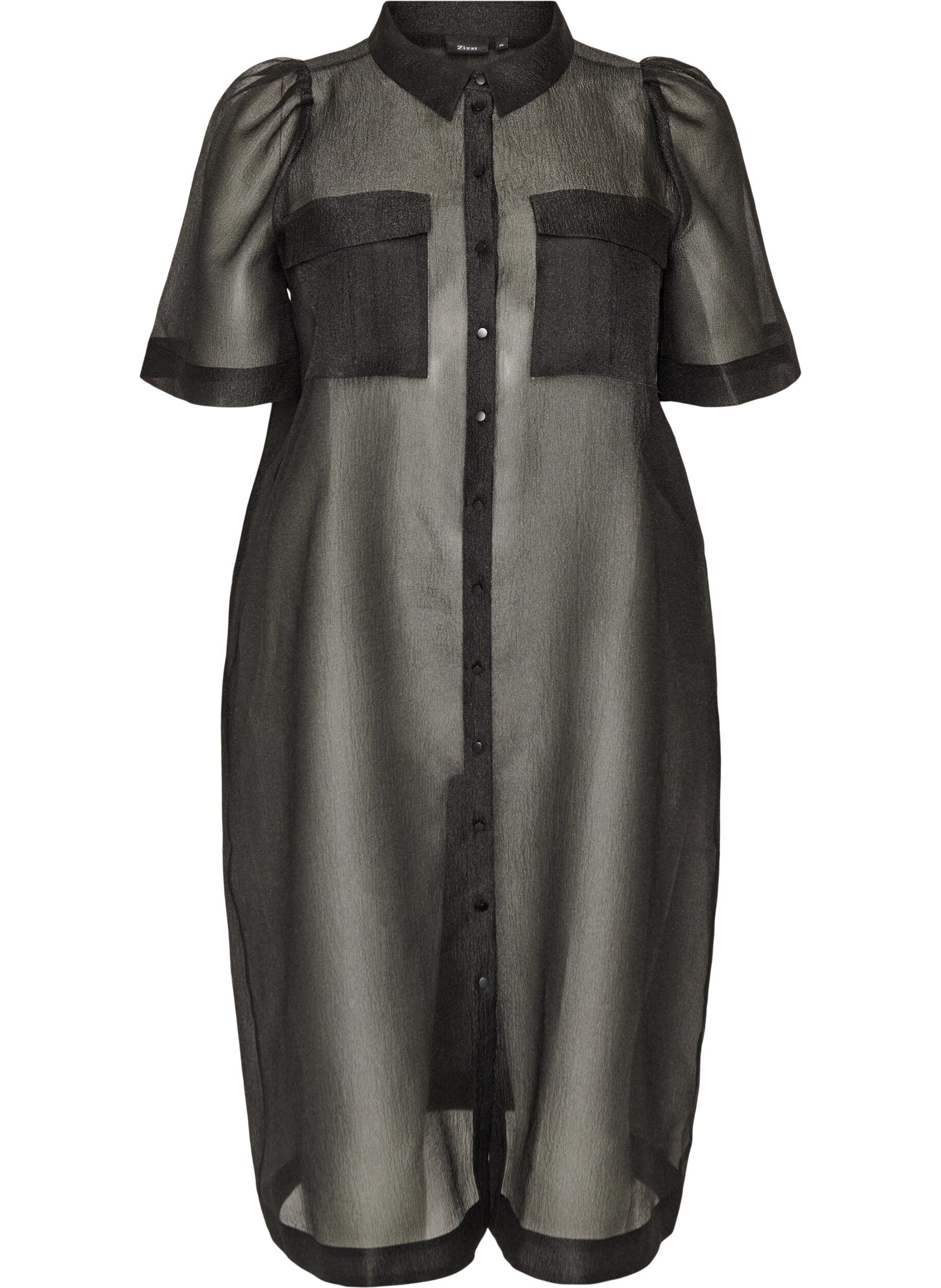ZizzifashionOrganza dress with chest pockets and puff sleeves, Black, Packshot image number 0