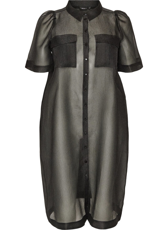 Organza dress with chest pockets and puff sleeves, Black, Packshot image number 0