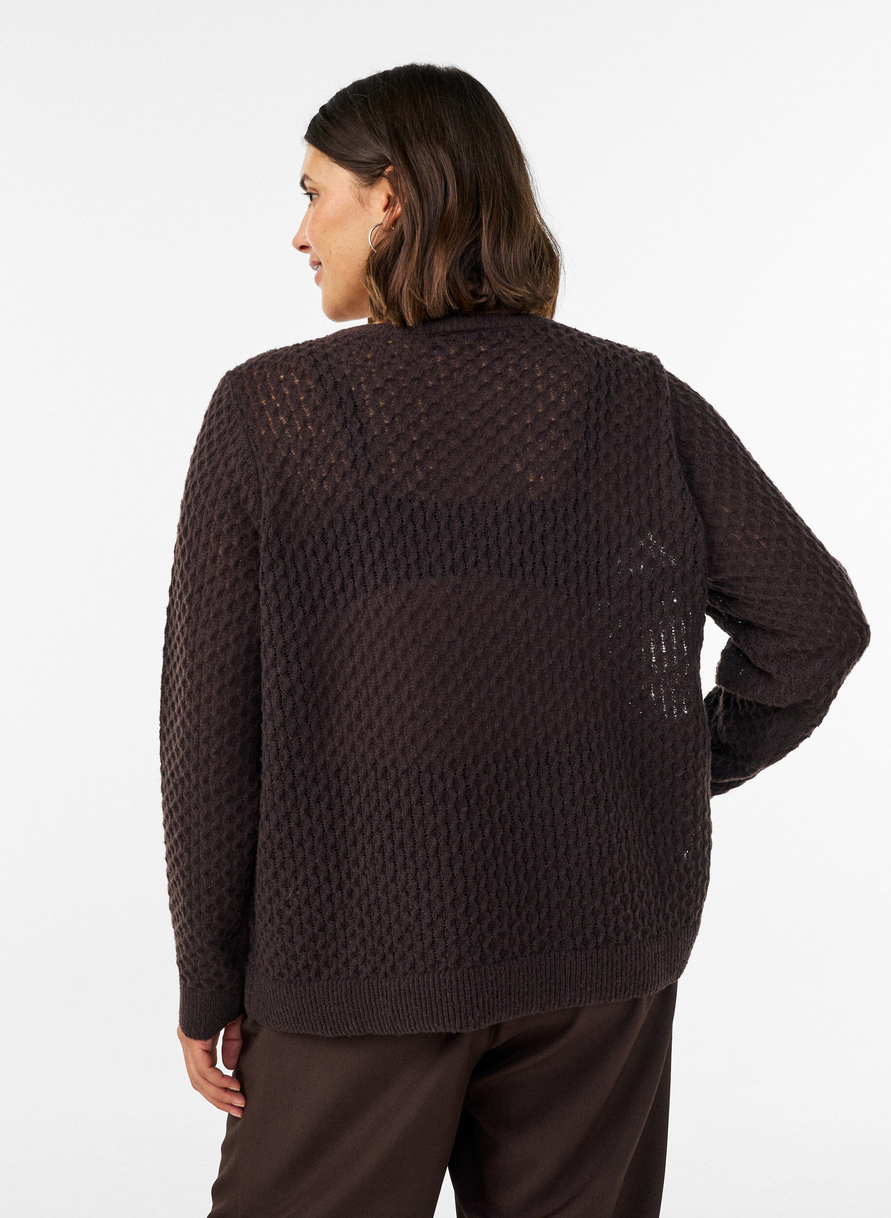 ZizzifashionKnitted blouse with a textured openwork pattern, Brown, Model image number 2