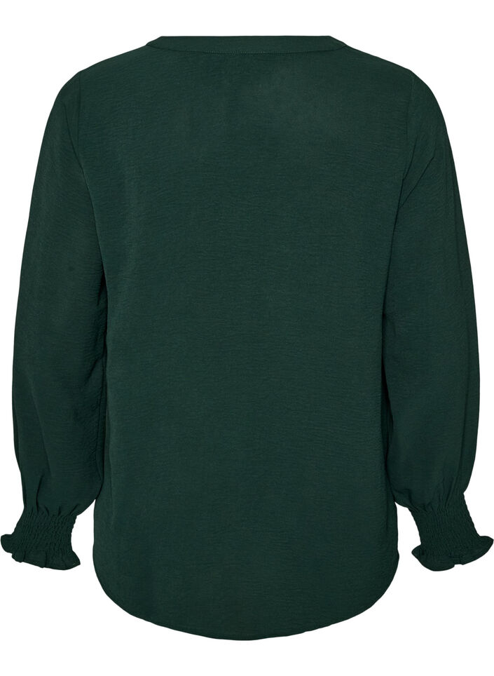 Blouse with smock cuffs and V-neck, Green, Packshot image number 1