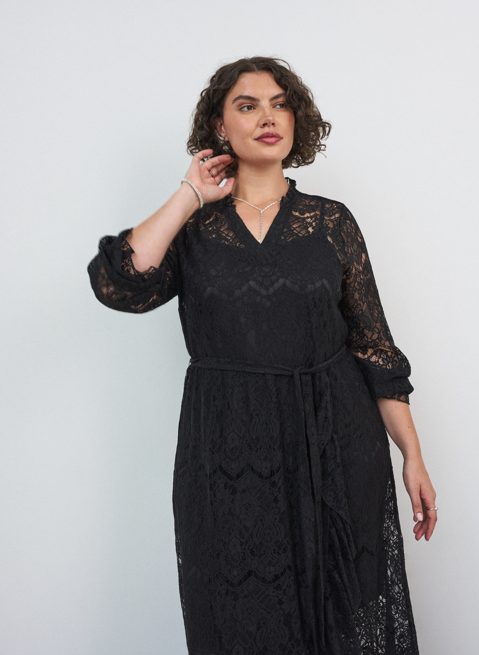 ZizzifashionLace dress with wrap skirt and ruffles, Black, Model image number 2
