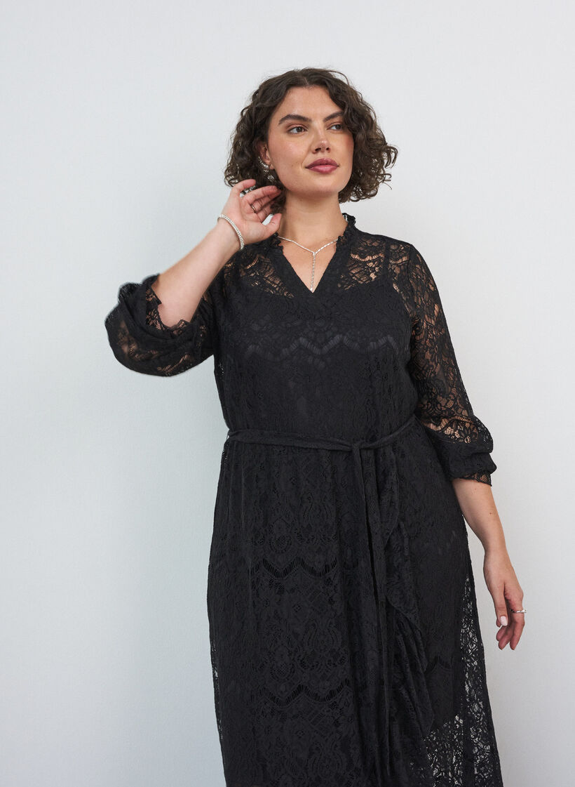 Lace dress with wrap skirt and ruffles, Black, Model image number 2