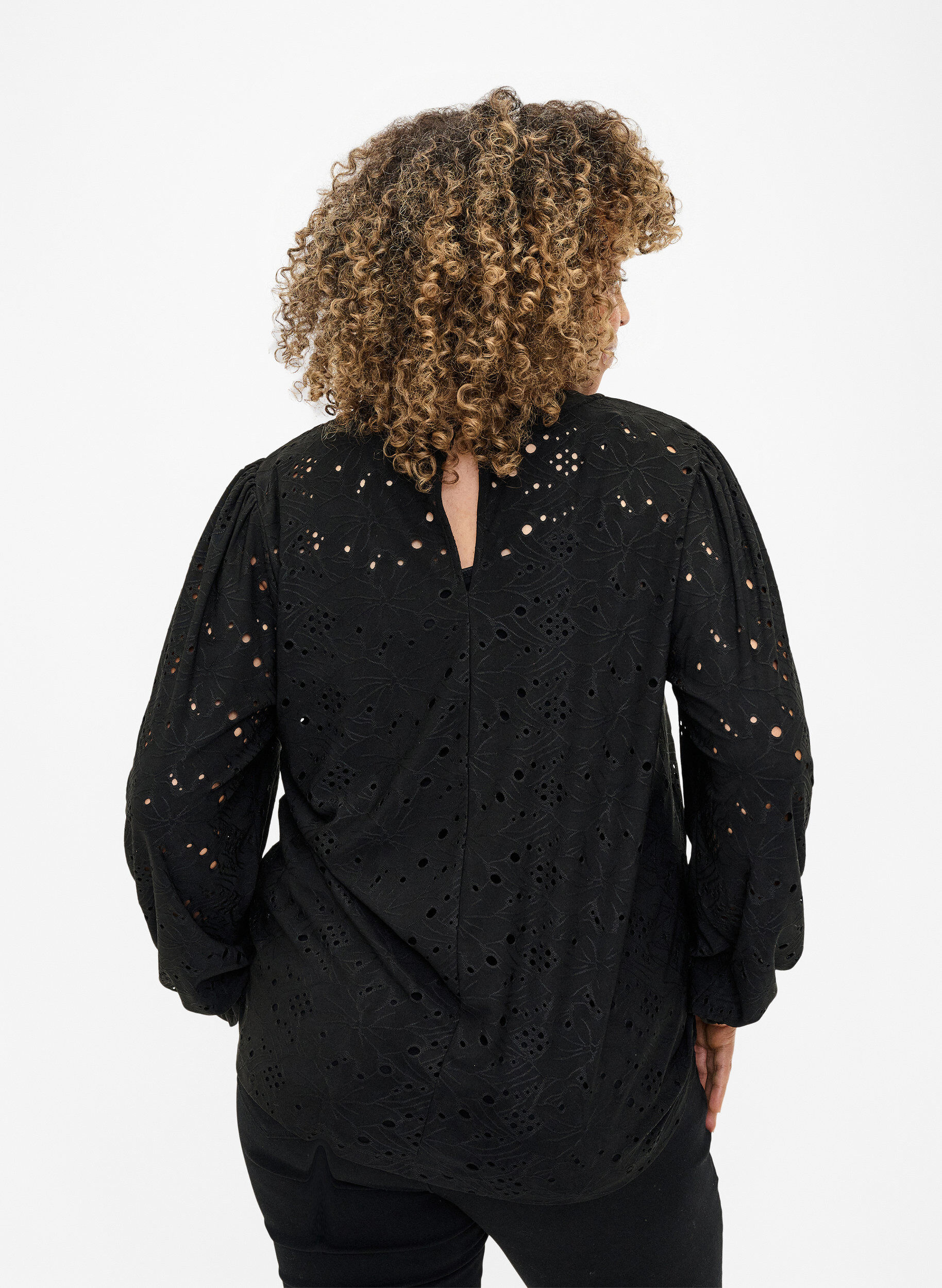 Zizzifashion Long-sleeved blouse with hole pattern, Black, Model image number 1