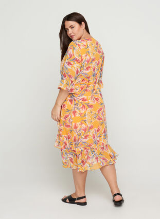 Floral wrap dress with 3/4-length sleeves, Cadmium Yellow AOP, Model image number 1