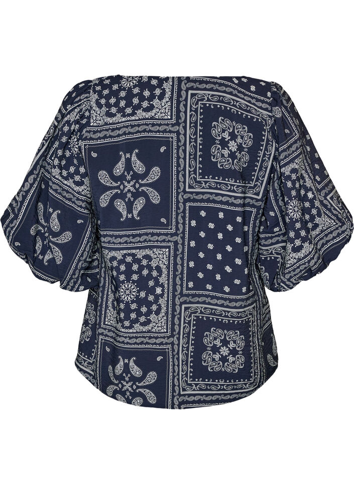 Viscose blouse with paisley print and balloon sleeves, Blue, Packshot image number 1