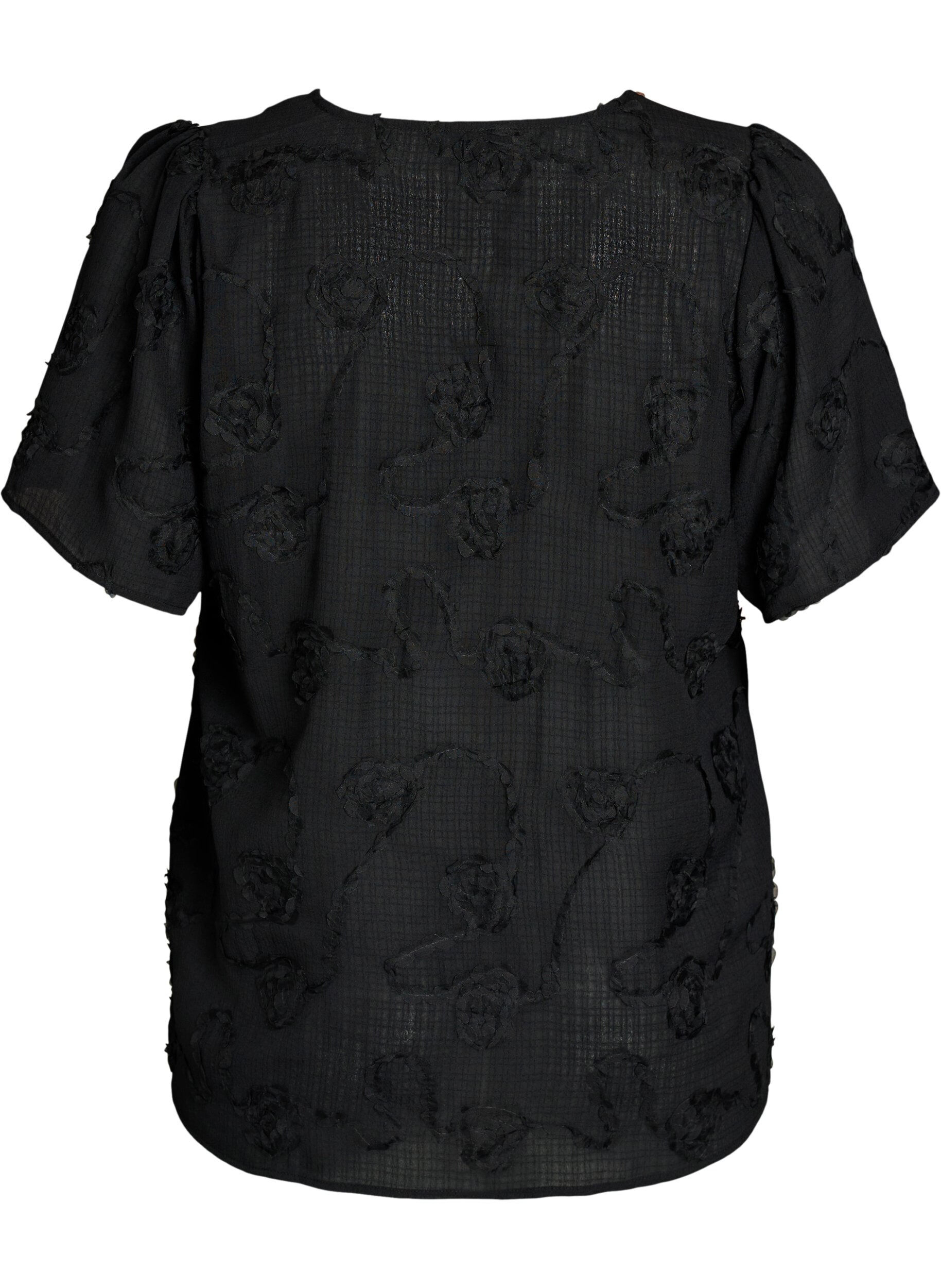 Zizzifashion Short-sleeved shirt blouse with a 3D flower effect, Black, Packshot image number 1