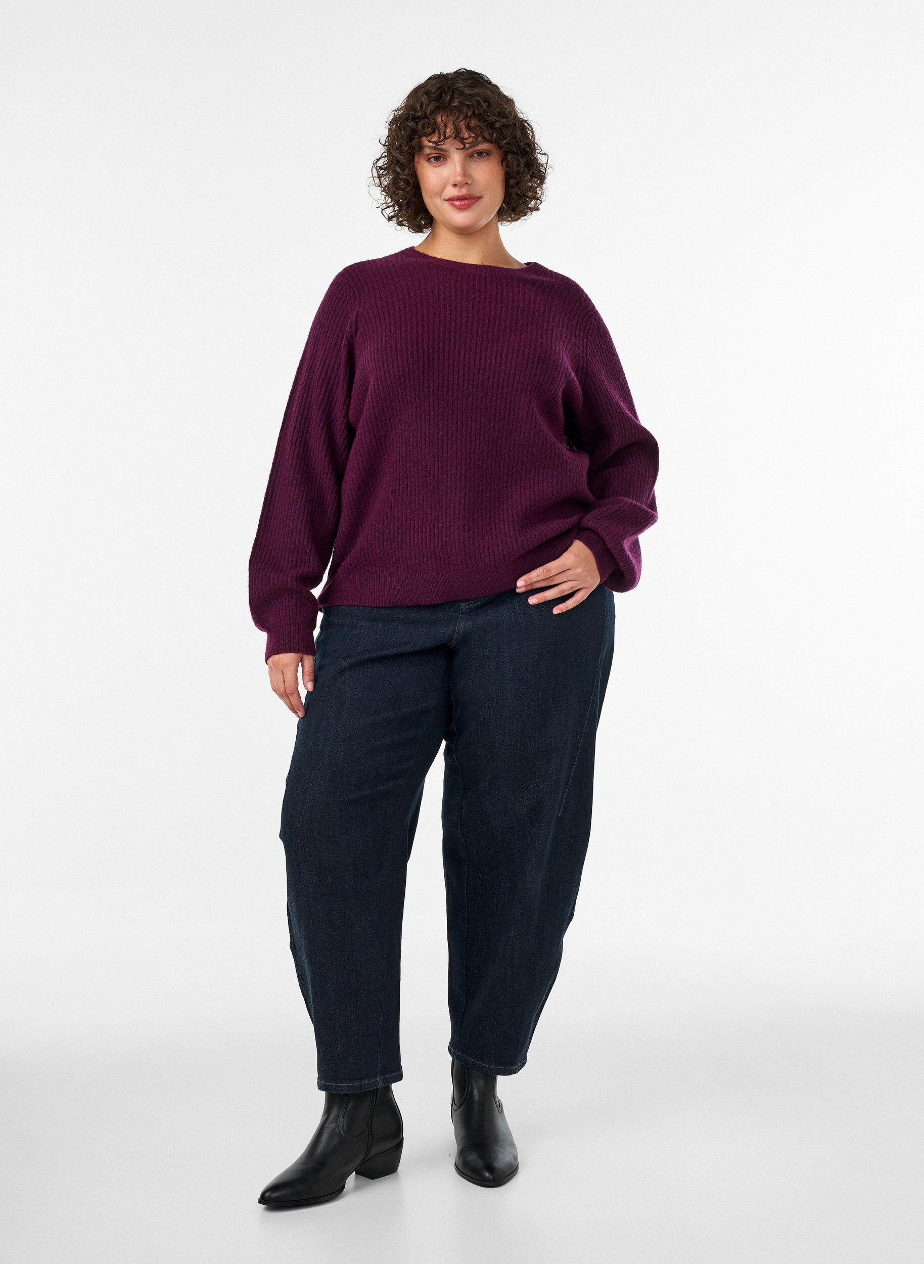 ZizzifashionRibbed jumper with balloon sleeves, Purple, Model image number 1