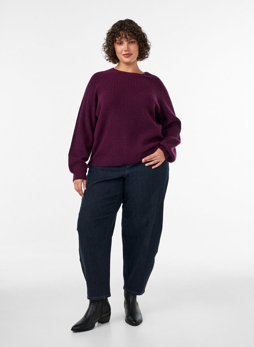 Ribbed jumper with balloon sleeves, Purple, Model image number 1