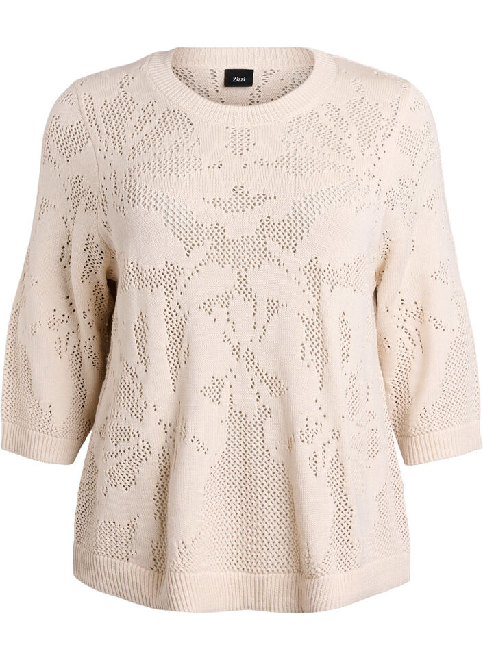 Knit blouse with an openwork pattern and 3/4 sleeves, Birch, Packshot image number 0