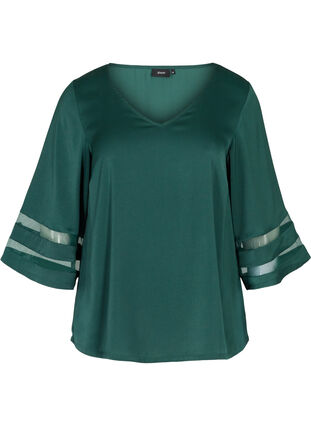 Plain blouse with 3/4 length sleeves and a V-neck, Pine Grove, Packshot image number 0