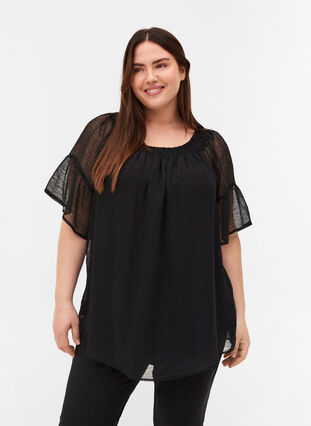 Short-sleeved blouse with smock and light structure, Black, Model image number 0