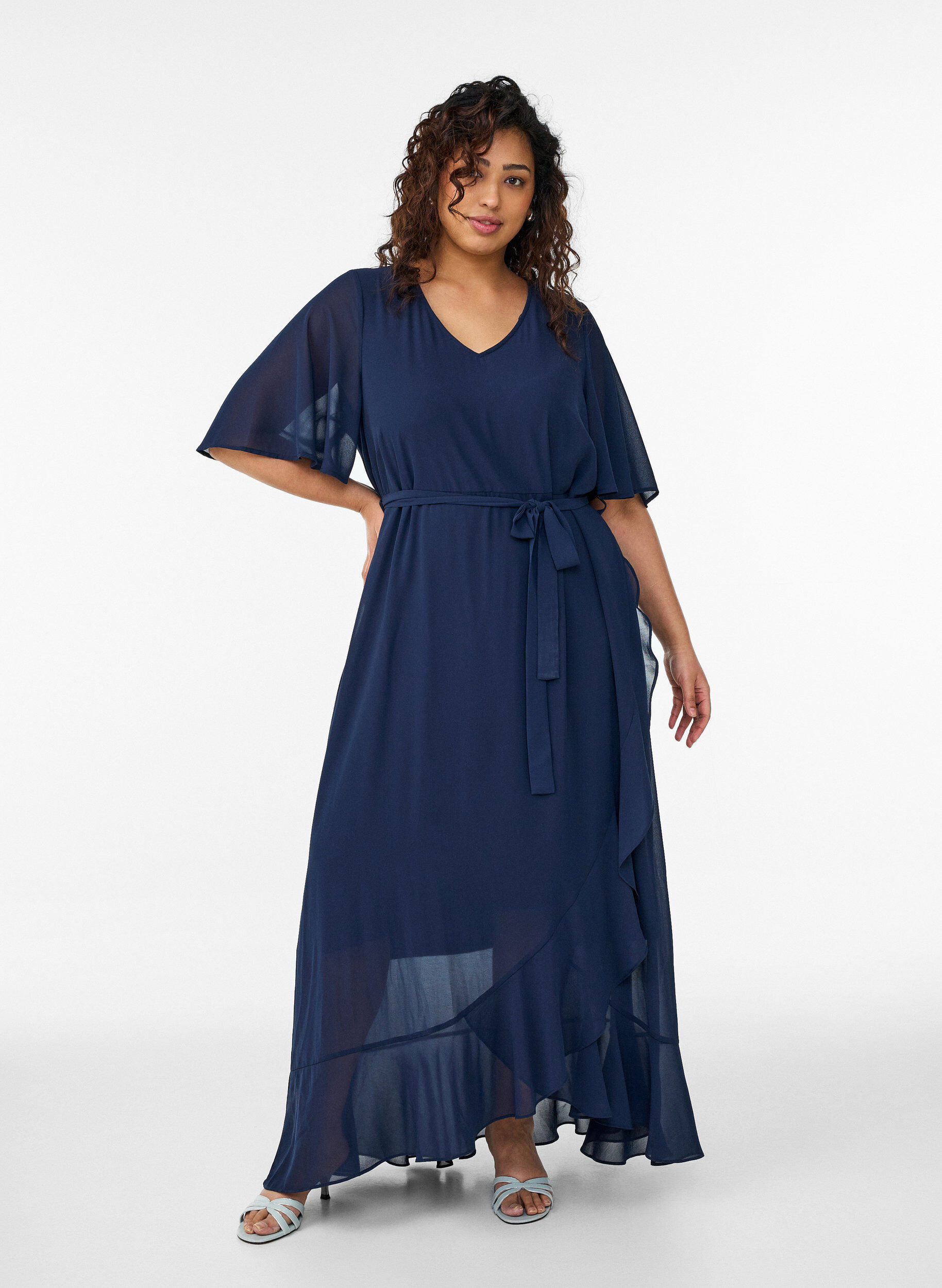 ZizzifashionChiffon maxi dress with a V-neck and ruffle hem, Blue, Model image number 0