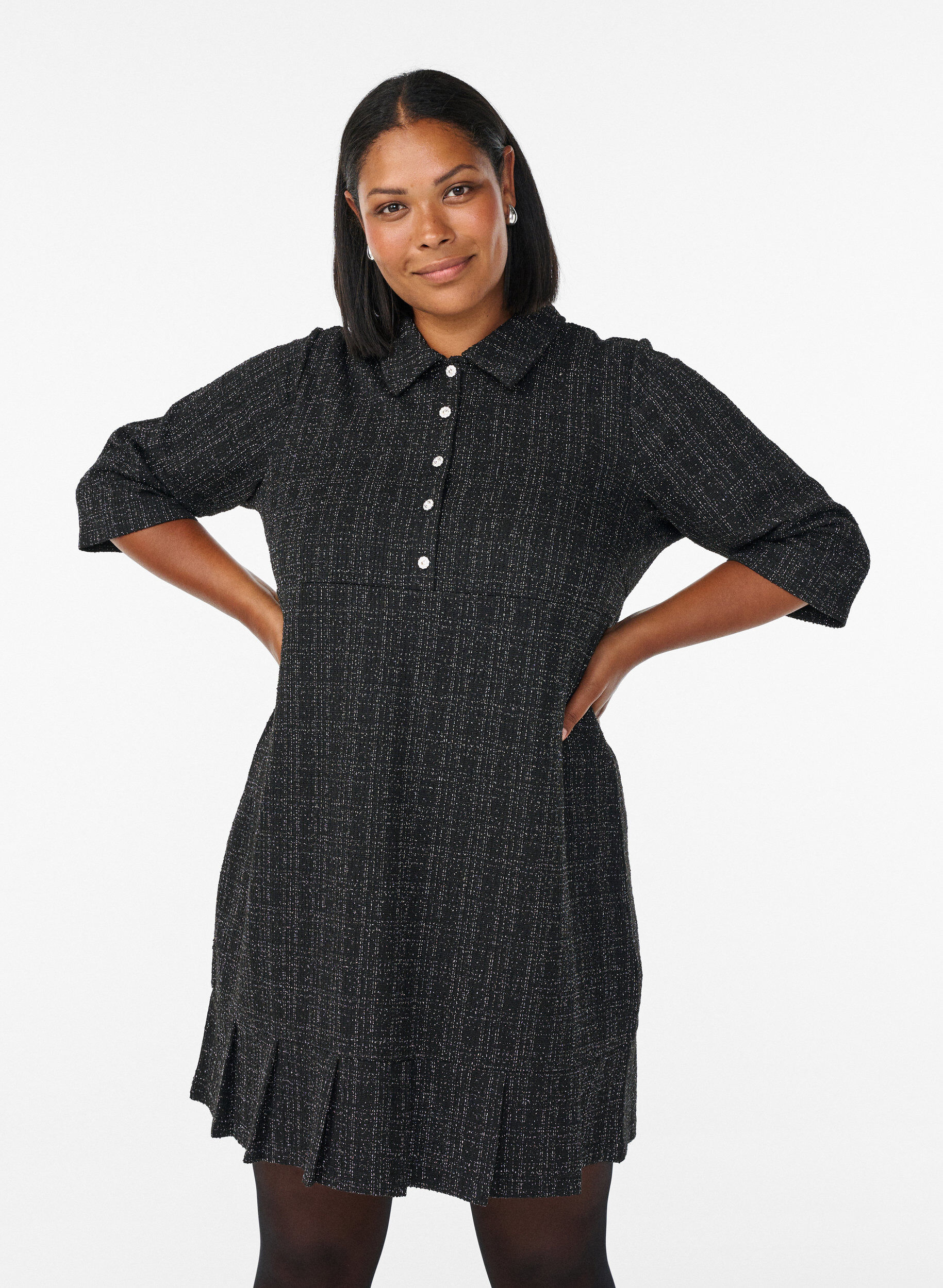 Short boucl&eacute; dress with decorative buttons, Black, Model