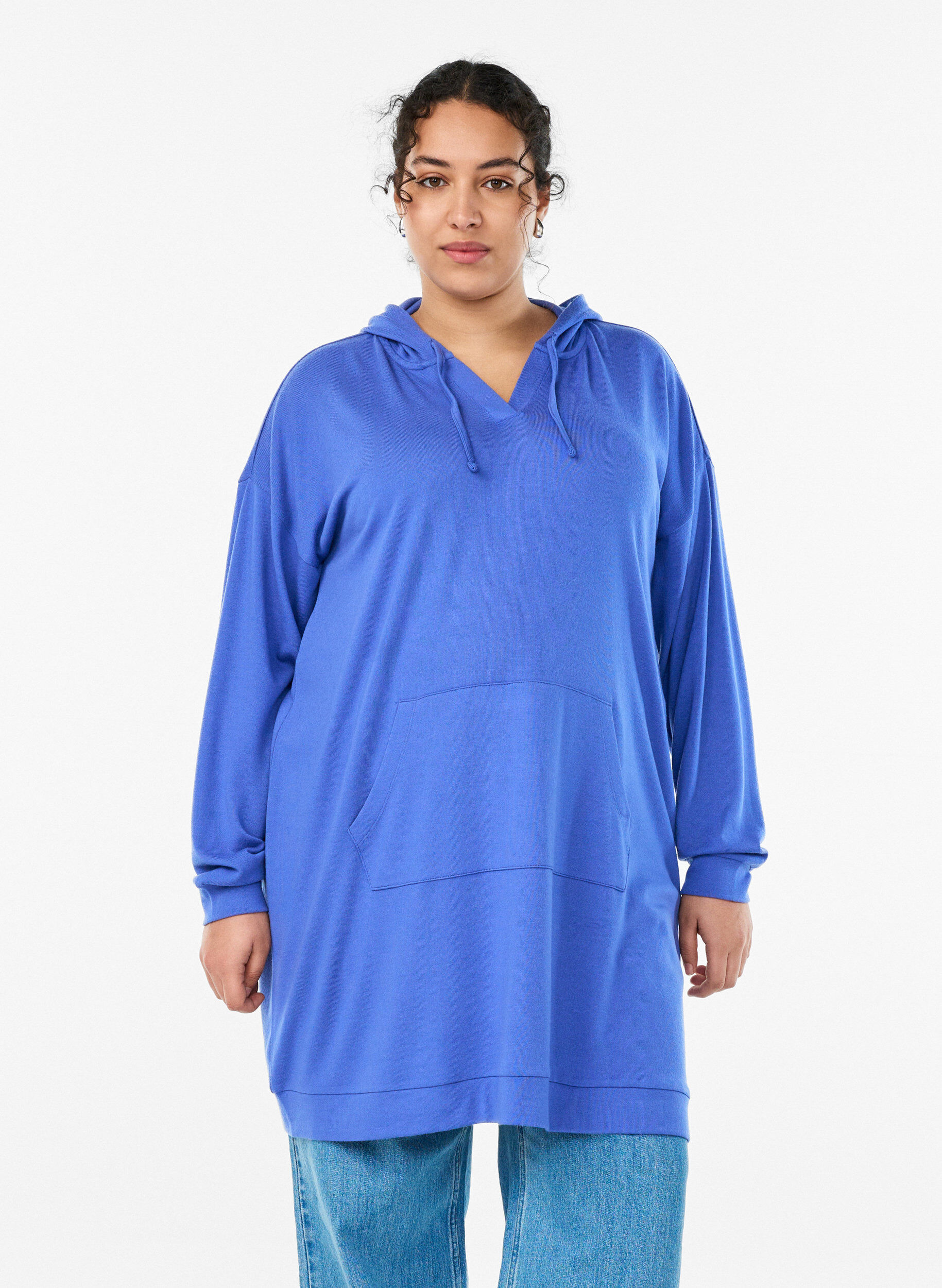 Zizzifashion Short hoodie dress with a kangaroo pocket, Blue, Model image number 0