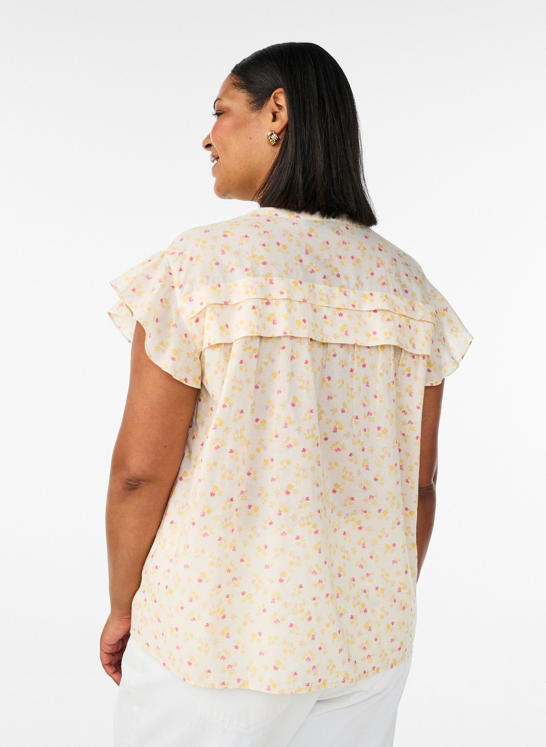Zizzifashion Sleeveless A-line cotton shirt blouse, Yellow, Model image number 2