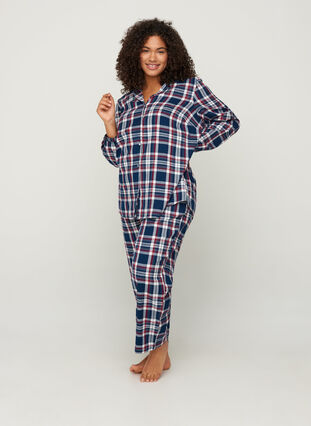 Checked cotton pyjama bottoms, Navy Comb Check, Model image number 2