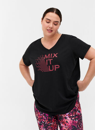 Cotton exercise t-shirt with print, Black Red Splash, Model image number 0