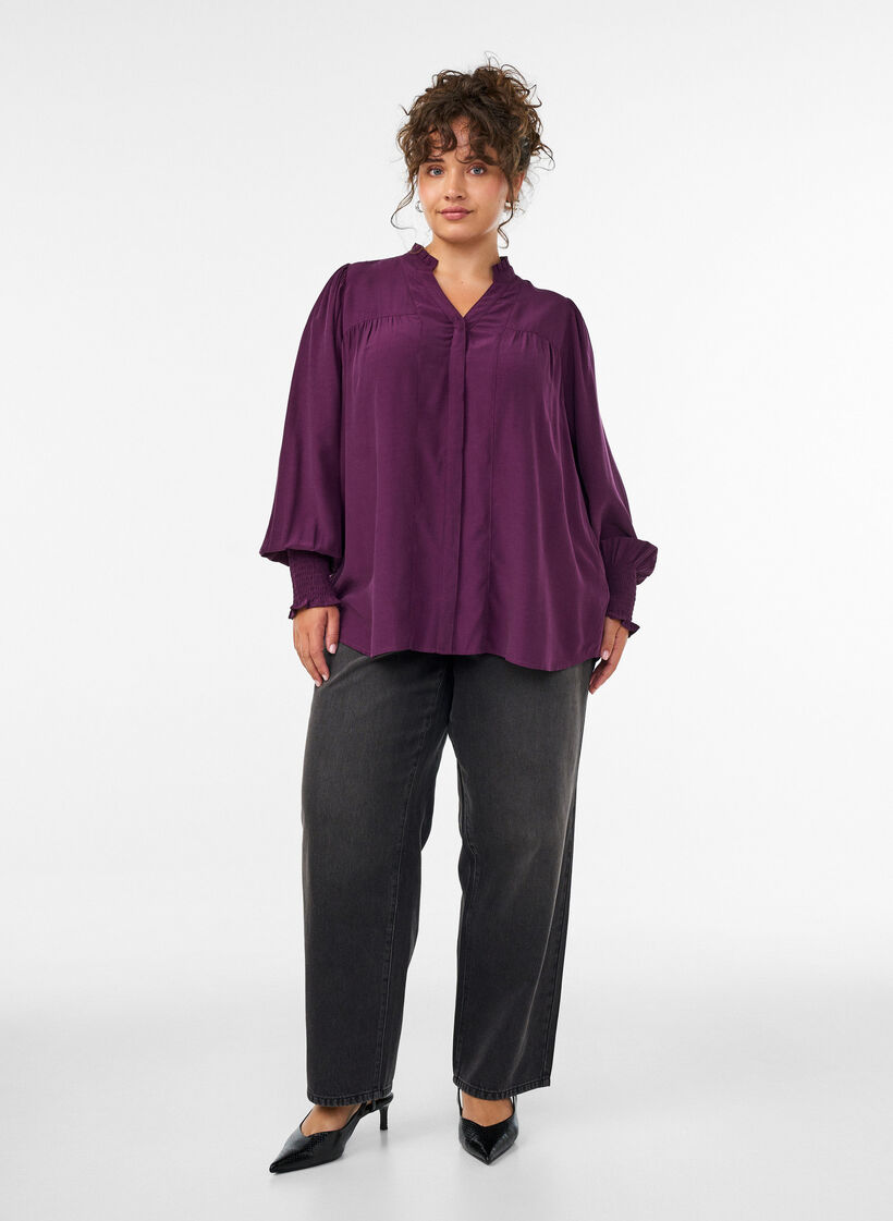 Blouse with ruffle collar and ruching, Purple, Model image number 1