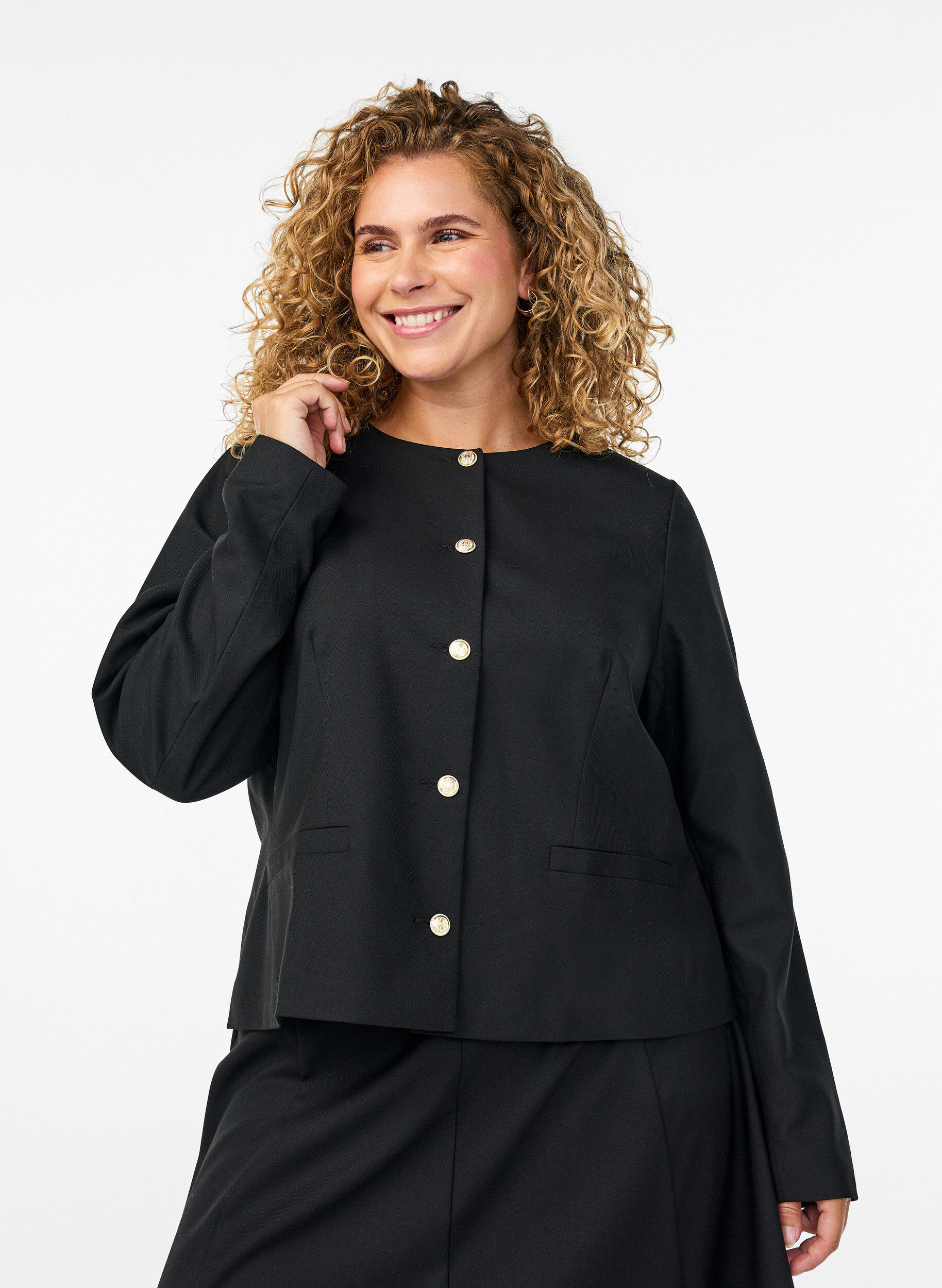 Short jacket with gold-coloured buttons, Black, Model