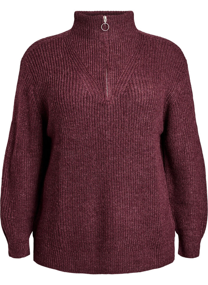 Knitted sweater with high neck and zipper, Red, Packshot image number 0