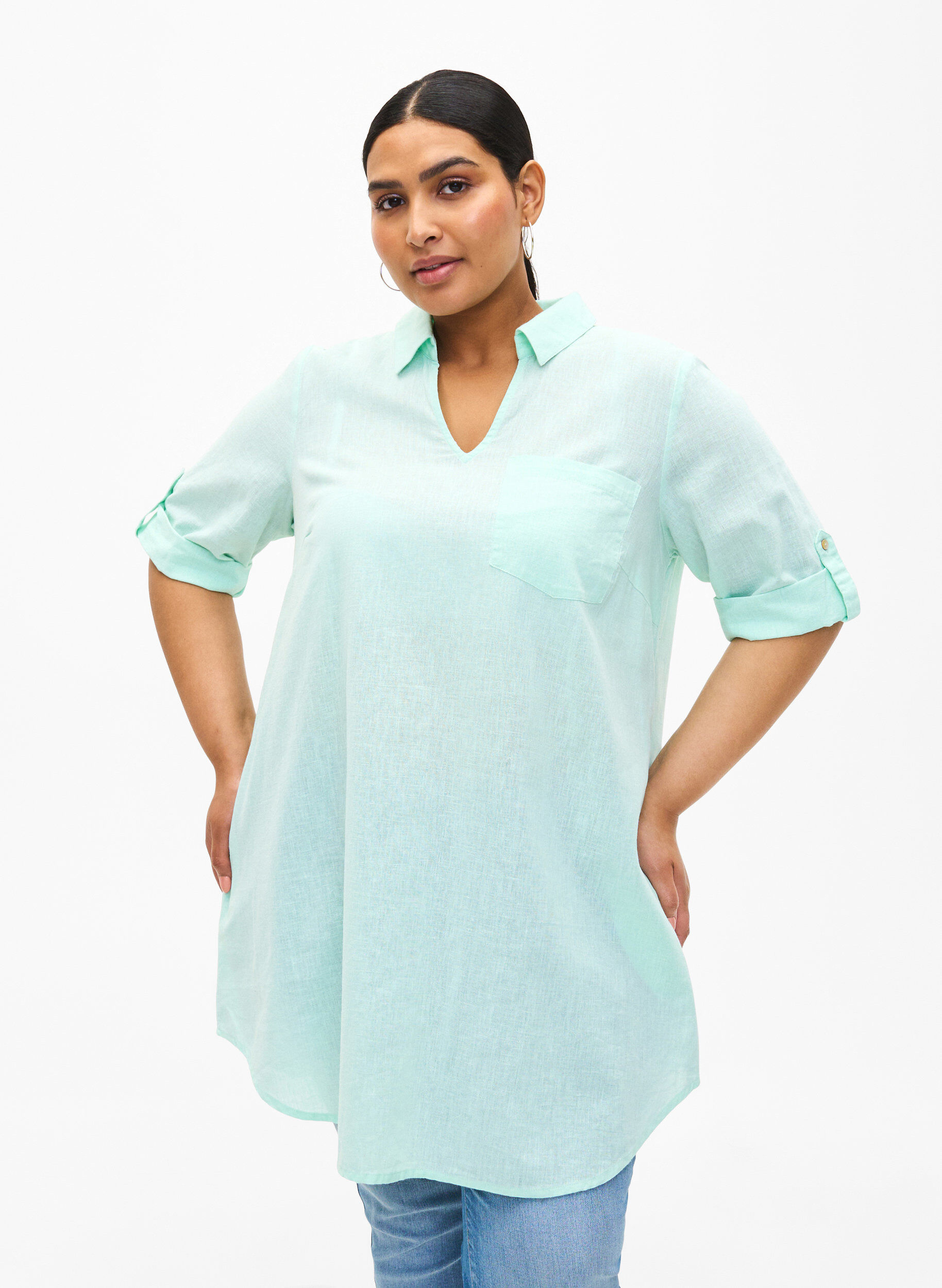 Zizzifashion Short-sleeved cotton blend tunic with linen, Brook Green, Model image number 0