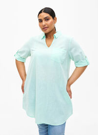 Short-sleeved cotton blend tunic with linen, Brook Green, Model