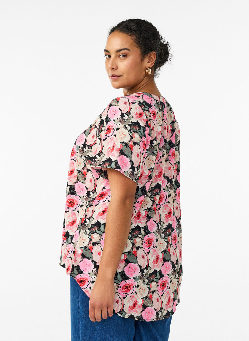 Blouse with short sleeves and v-neck, Rose, Model image number 2