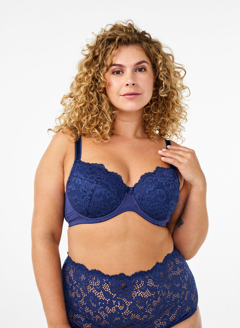Padded bra in microfibre with lace, Blue, Model image number 0