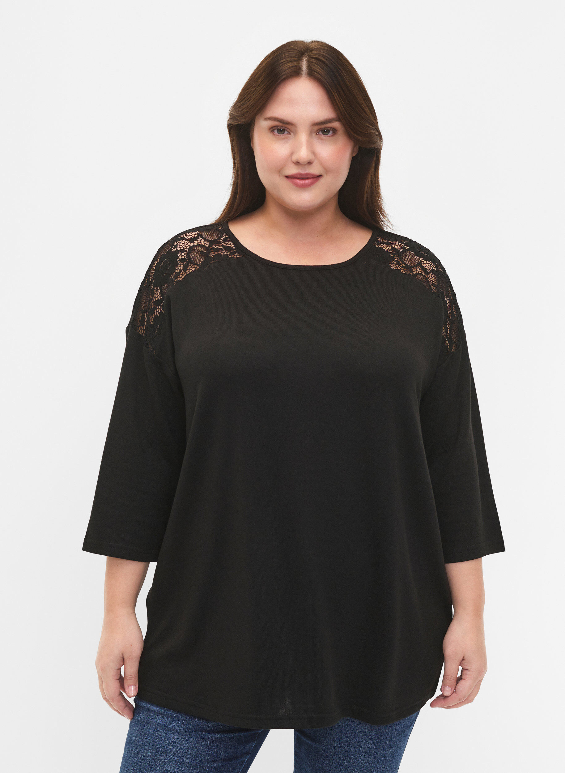 Zizzifashion Blouse with 3/4 sleeves and lace detail, Black, Model image number 0