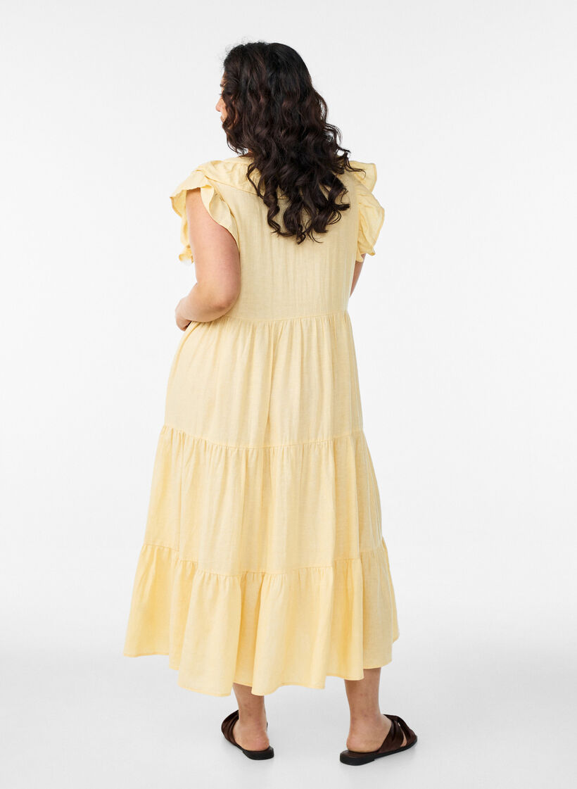 Sleeveless midi dress in linen and viscose with ruffles, Yellow, Model image number 1