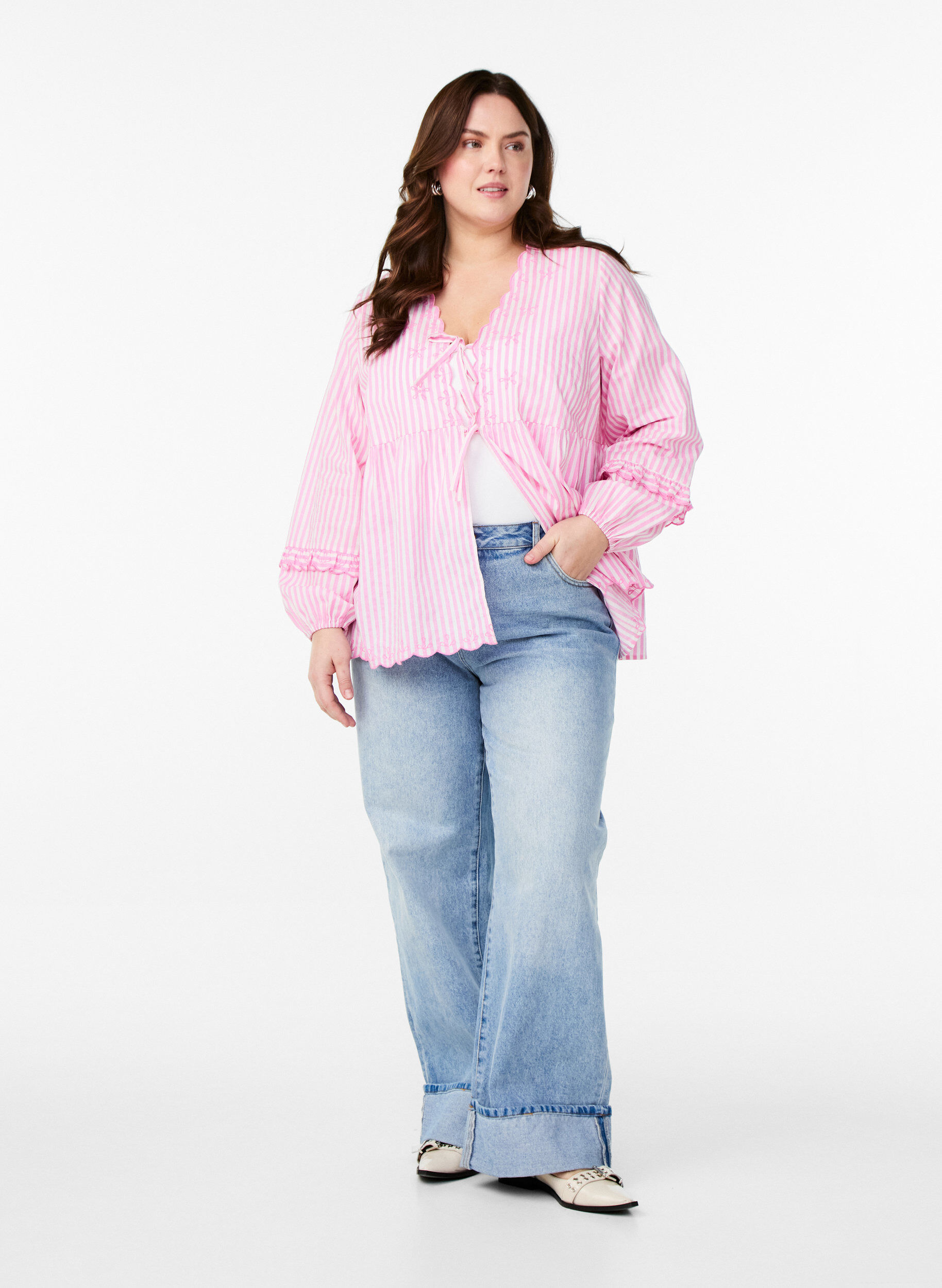 Zizzifashion Striped blouse with open front and embroidery details, Pink, Model image number 1