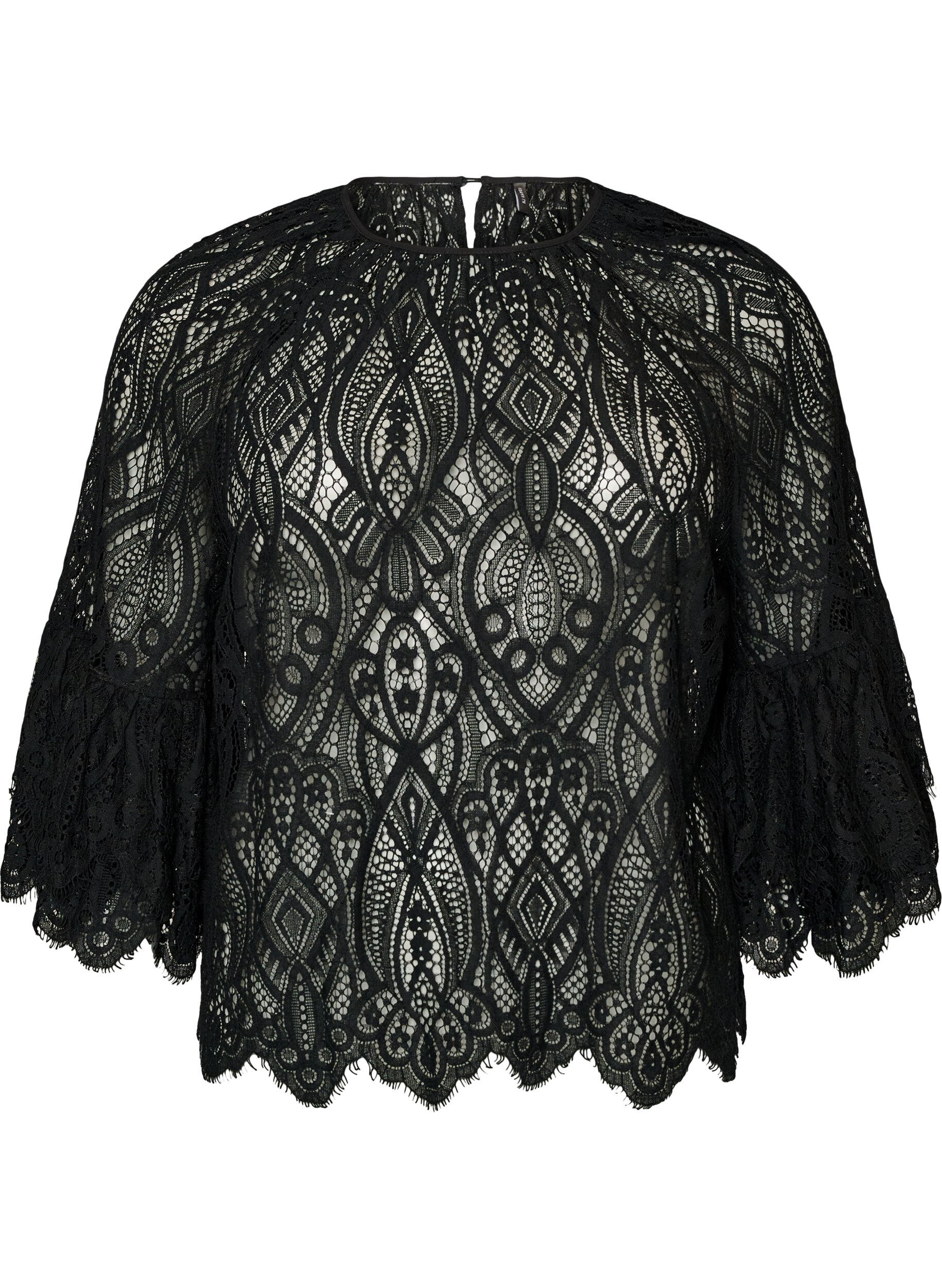 ZizzifashionLace blouse with long trumpet sleeves and ruffles, Black, Packshot image number 0