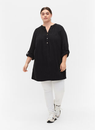 Tunic in cotton with embroidery anglaise, Black, Model image number 2