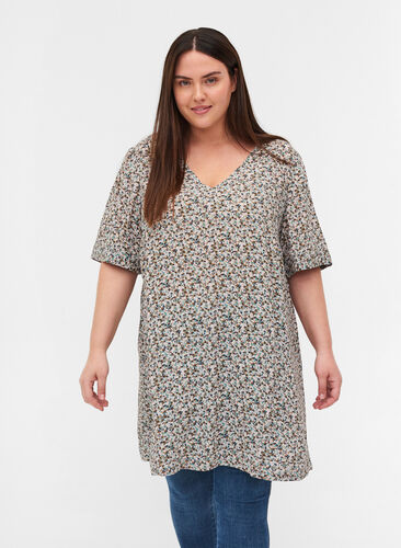 Viscose tunic with print and short sleeves, Light Blue Ditsy AOP, Model image number 0