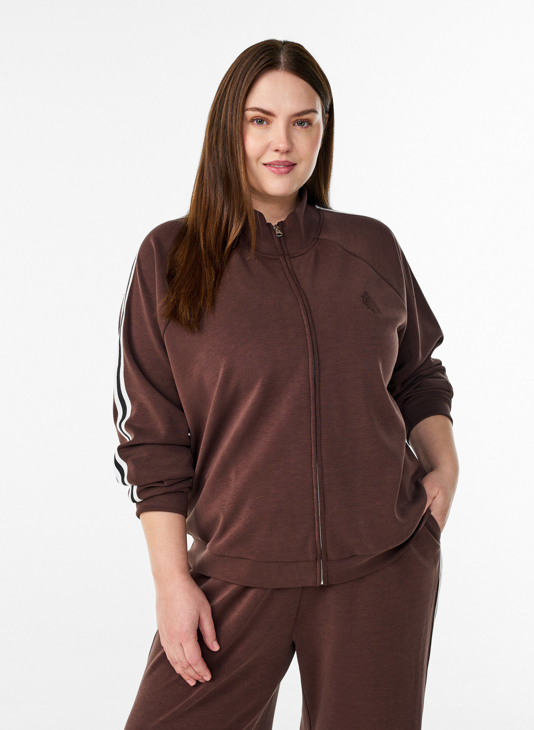 Zizzifashion High-neck training top with stripes on the sleeves, Brown, Model image number 0
