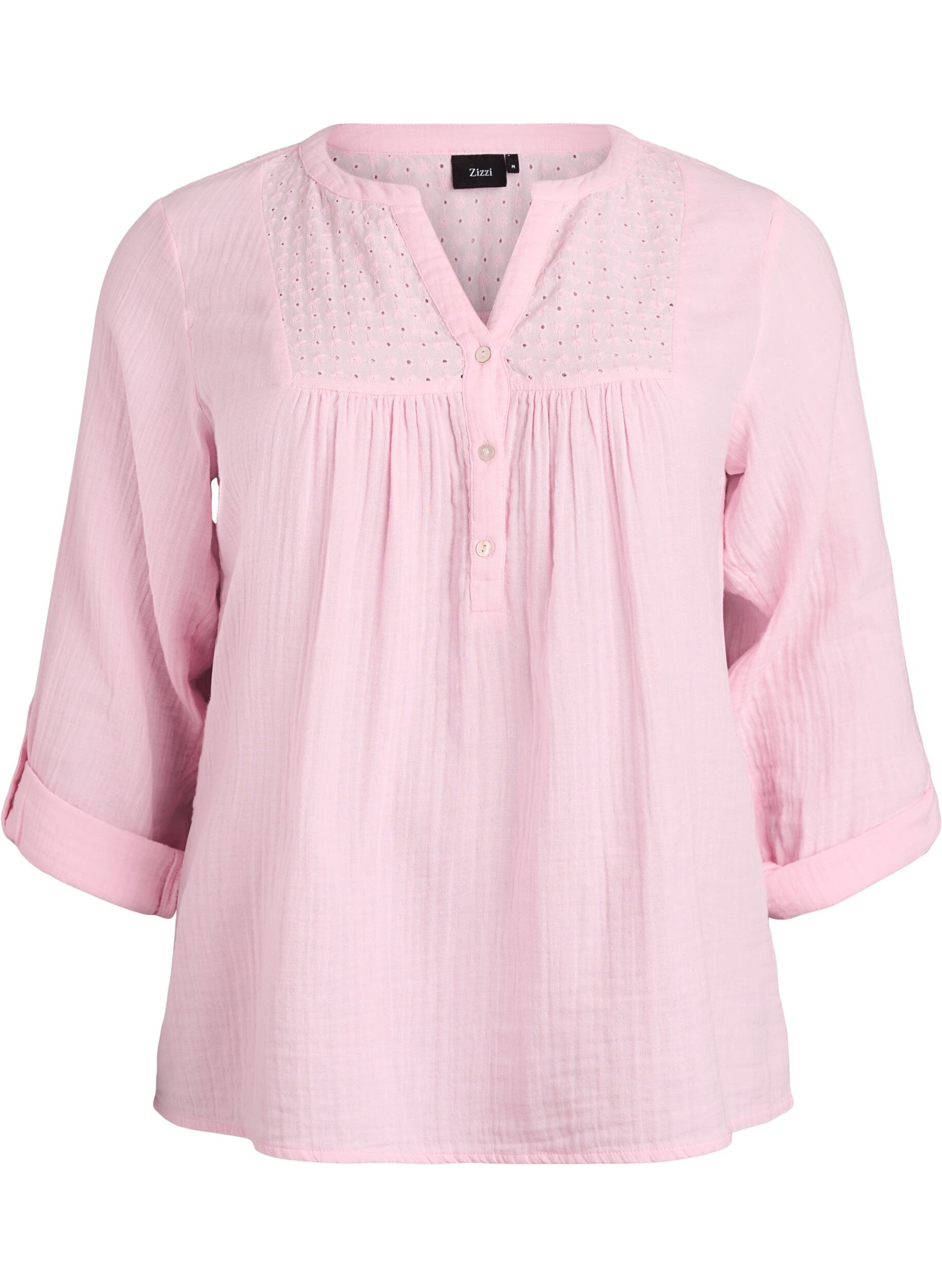 Blouse in cotton muslin with broderie anglaise