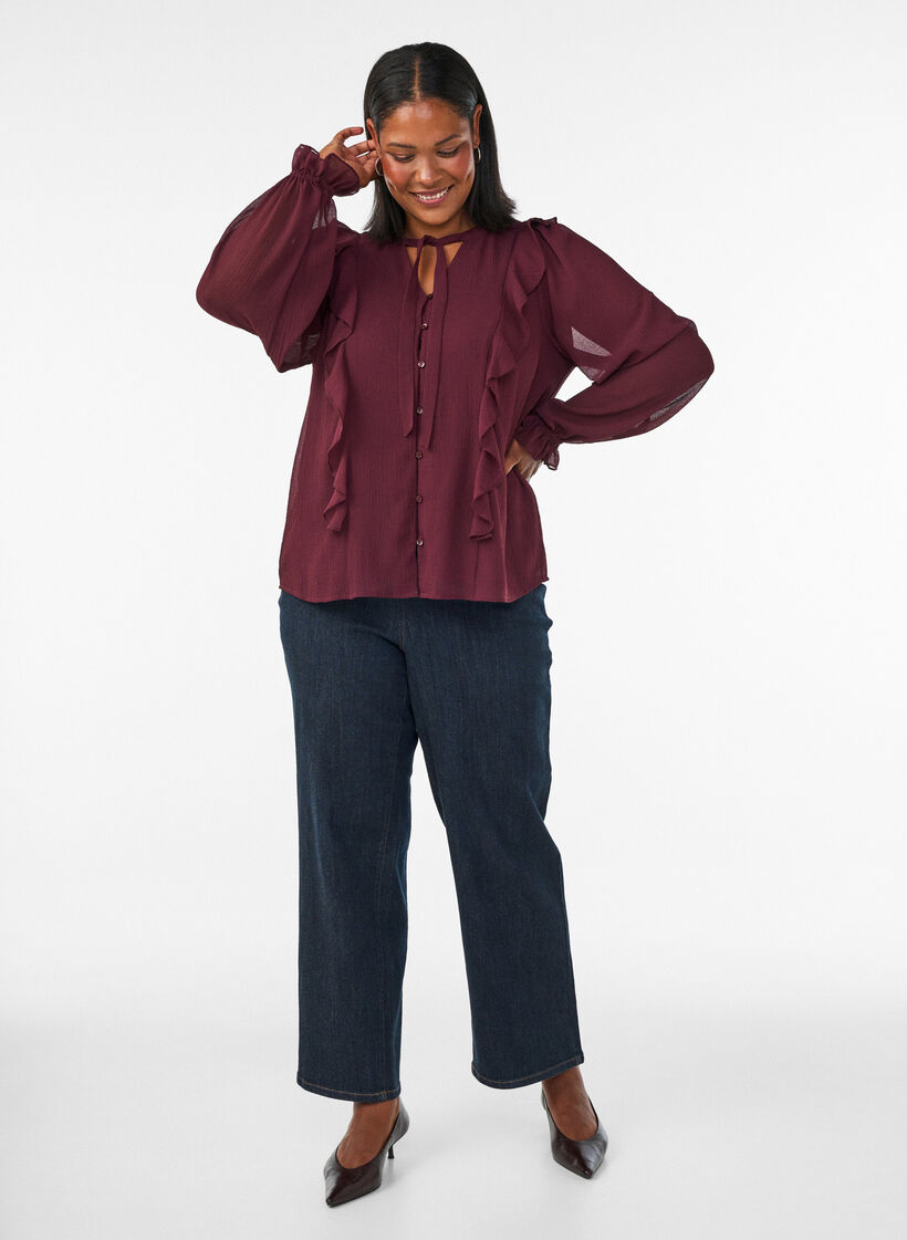 Sheer blouse with ruffles and tie-fastening, Red, Model image number 1