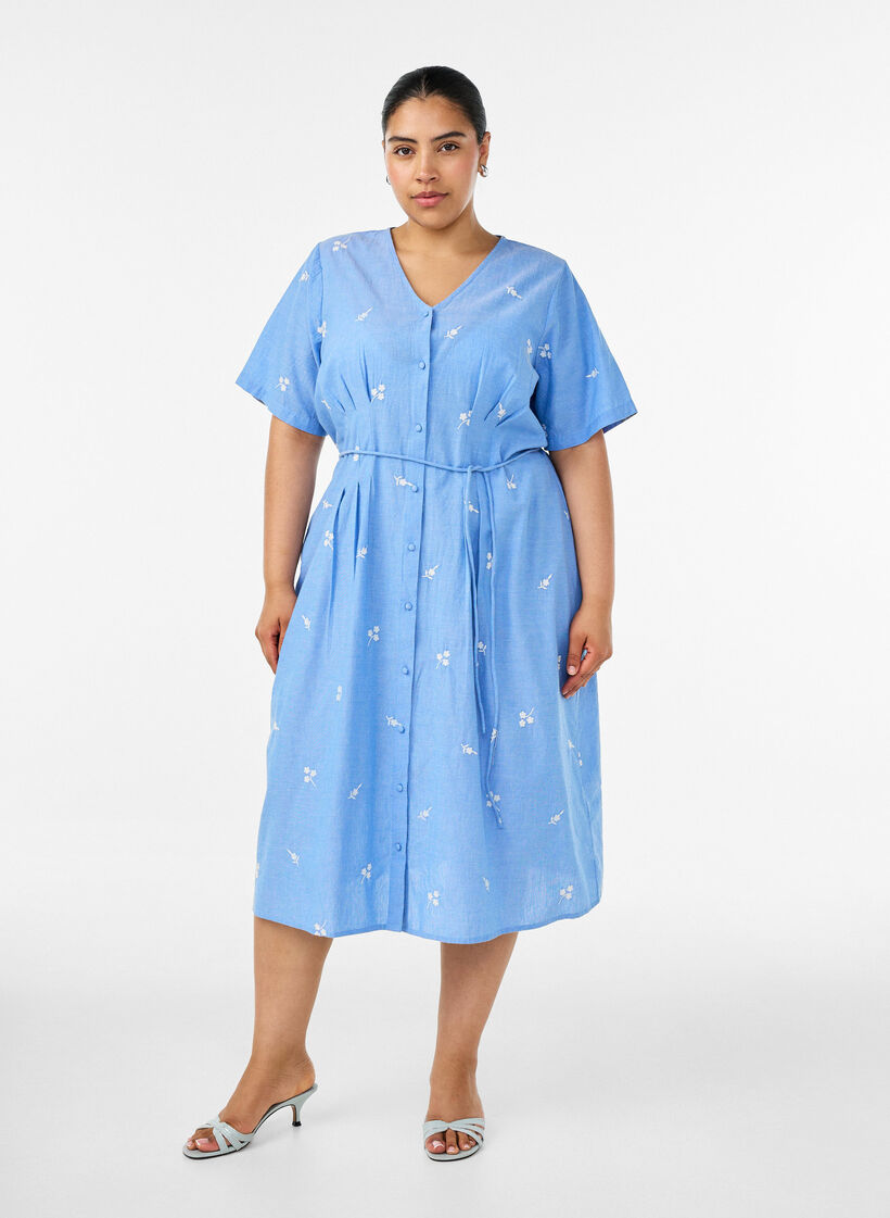 Cotton shirt dress with embroidered flowers, Light Blue, Model image number 0