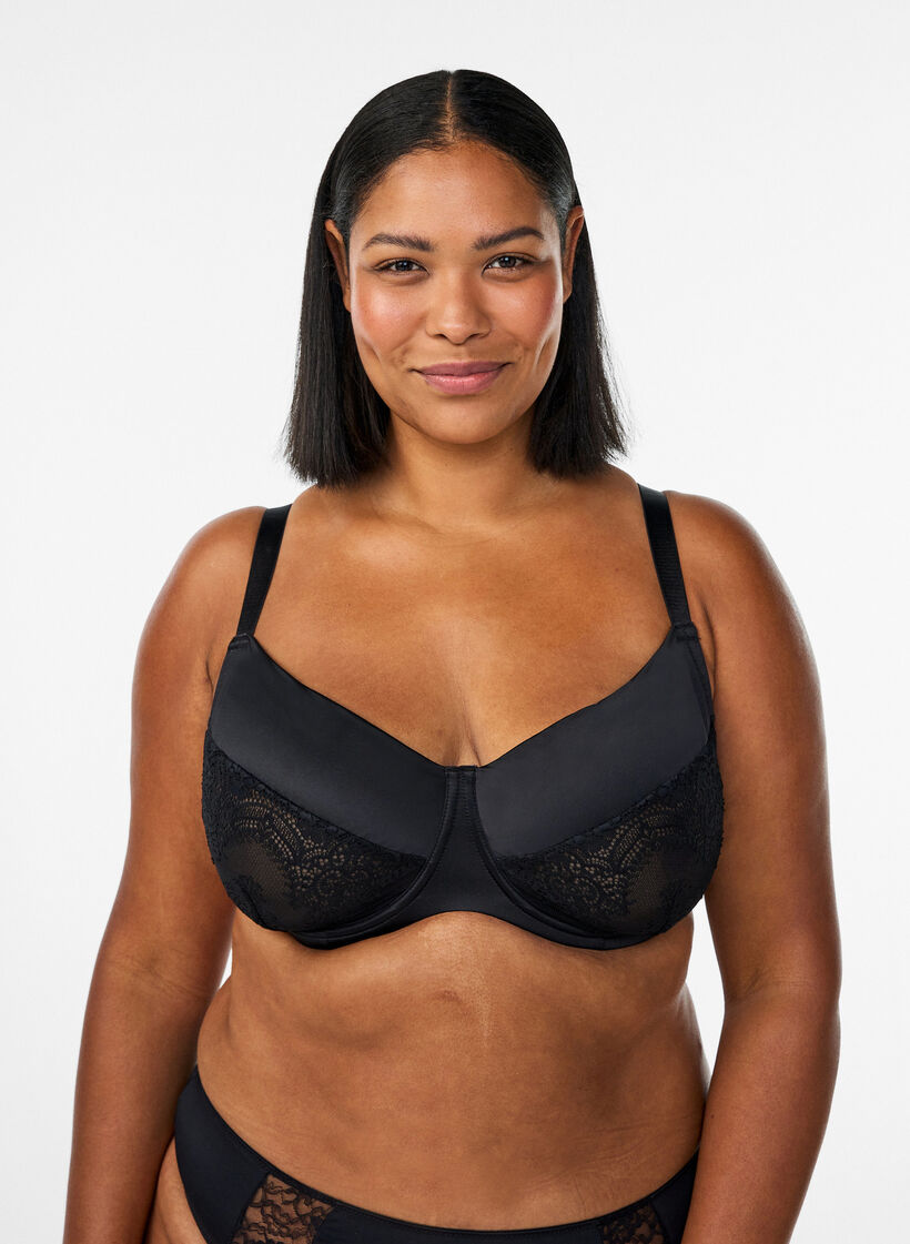 Full coverage bra with lace and microfibre, Black, Model image number 0