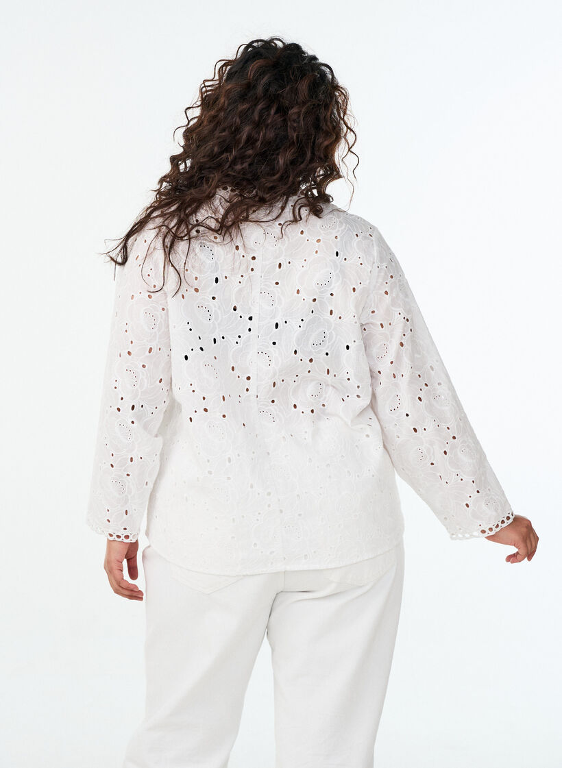 Long-sleeved cotton blouse with broderie anglaise, White, Model image number 2