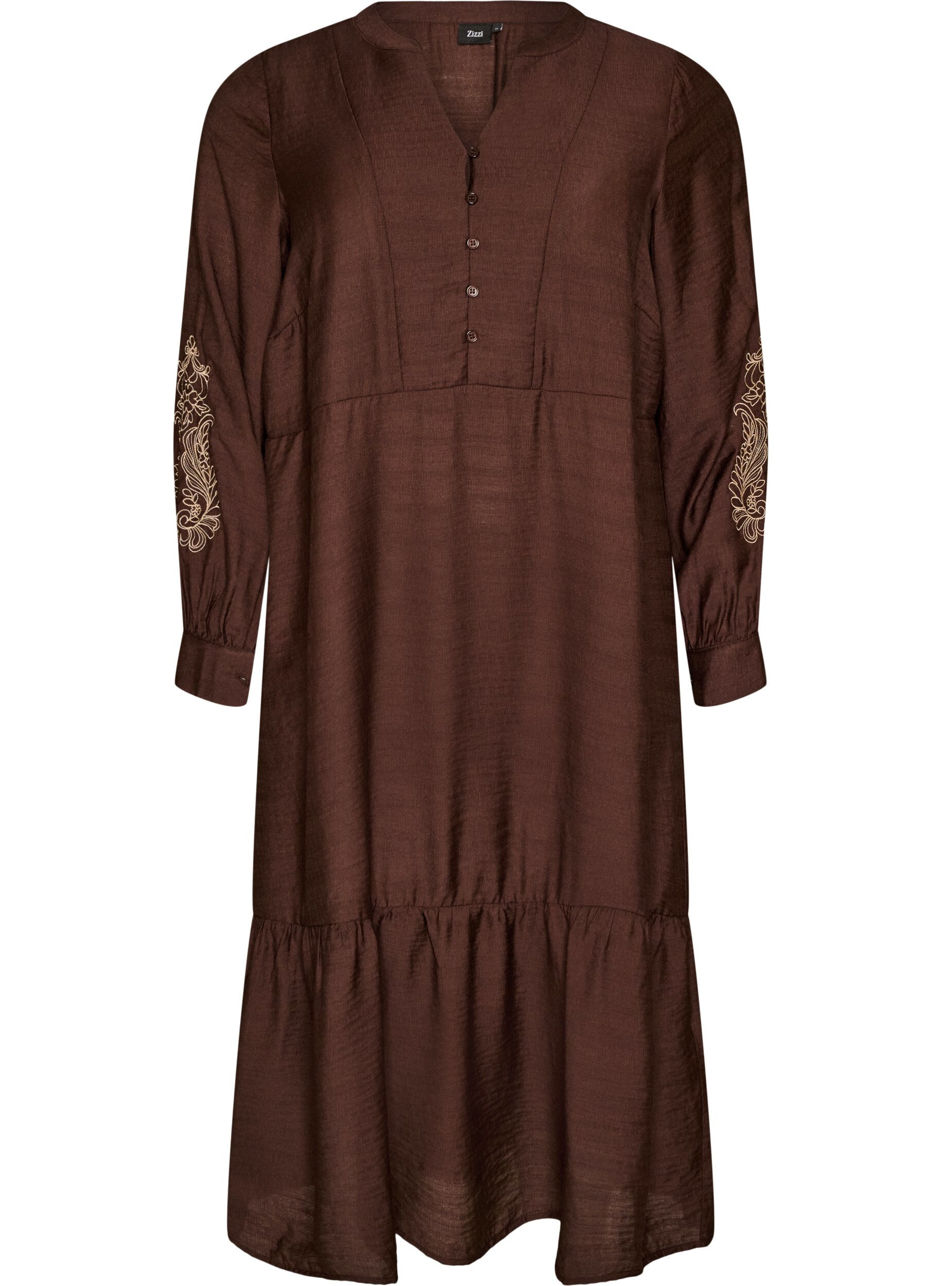 ZizzifashionViscose dress with embroidery and tiered ruffles, Brown, Packshot image number 0