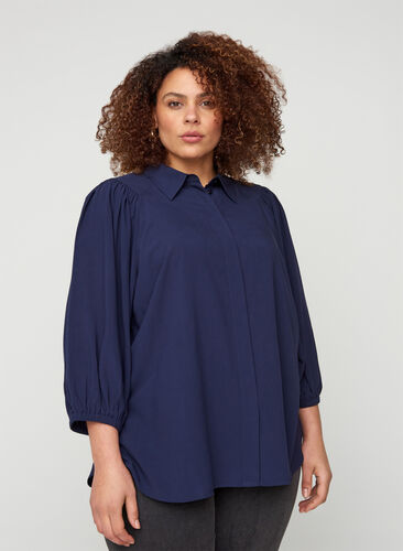 Viscose shirt with 3/4-length puff sleeves, Navy Blazer, Model image number 0