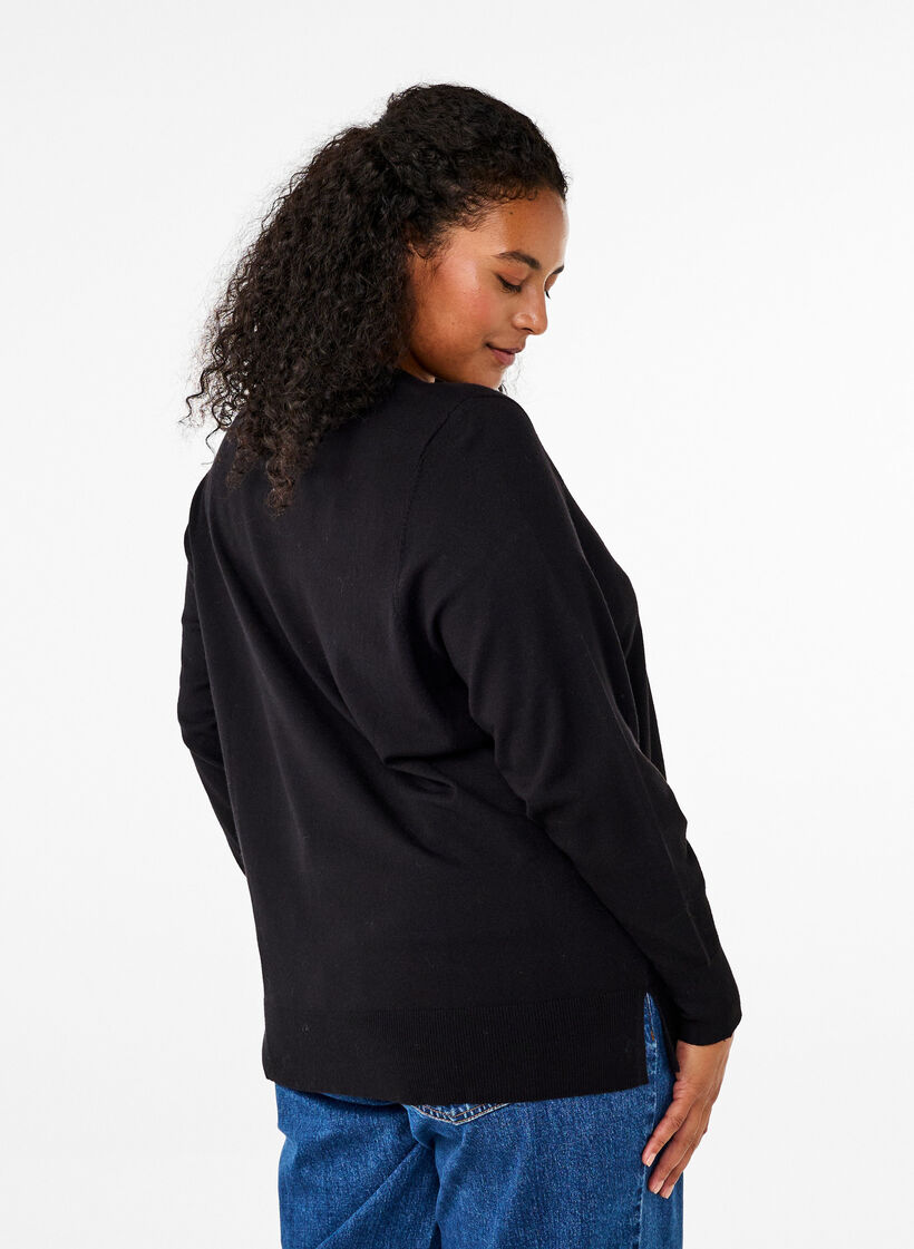 Long-sleeved knitted blouse with slit, Black, Model image number 2