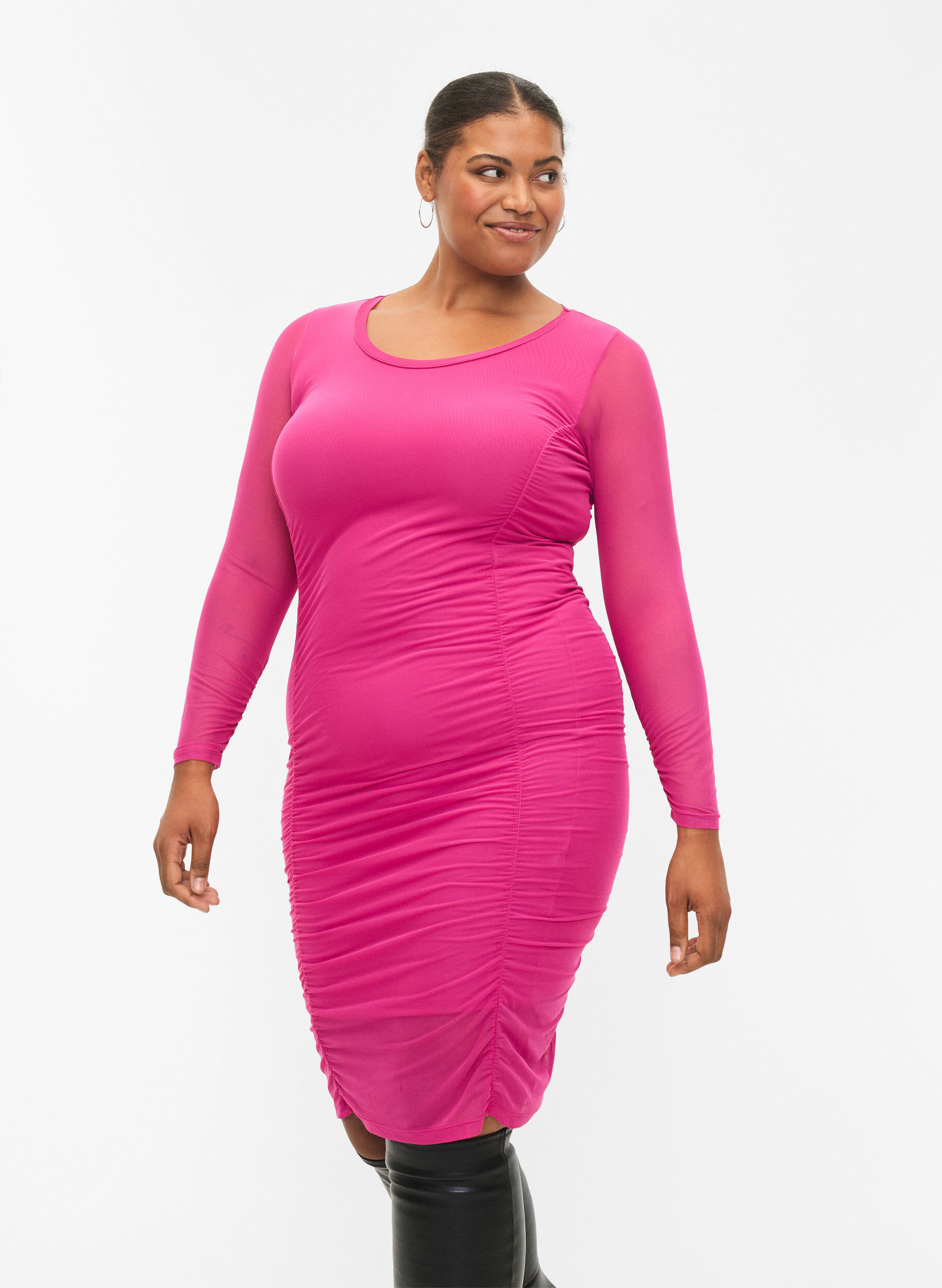 Zizzifashion Tight-fitting dress with drapings, Fuchsia Red, Model image number 0