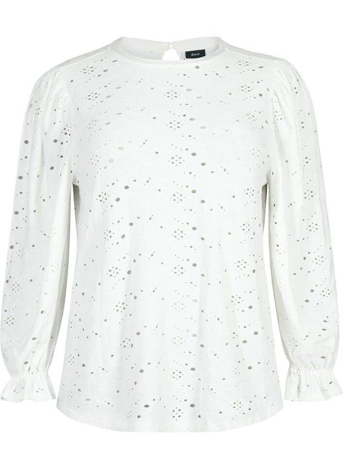 Long-sleeved blouse with hole pattern, Bright White, Packshot image number 0